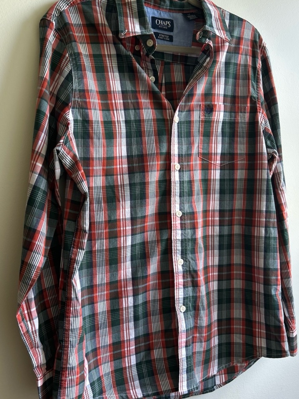 Chaps Men's Red, Green & White Plaid Button-Down Shirt